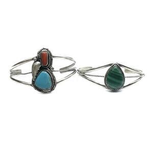 Set Of 2 Southwestern Sterling Silver Cuff Bracelets Natural Stone And Marked